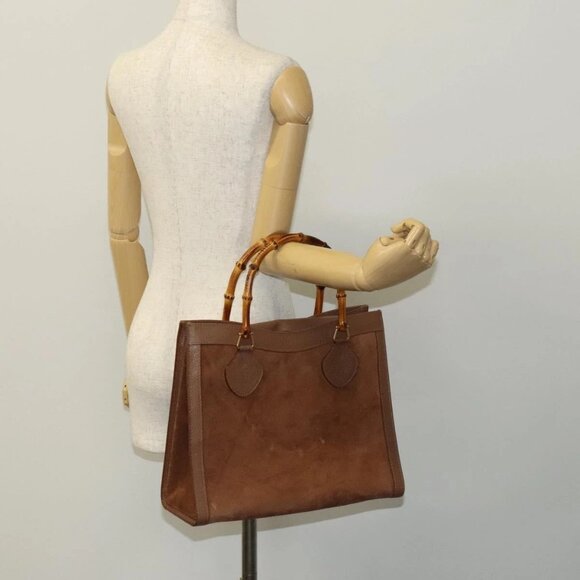 GUCCI Bamboo Tote Bag Suede Leather Brown Gold - Picture 1 of 16